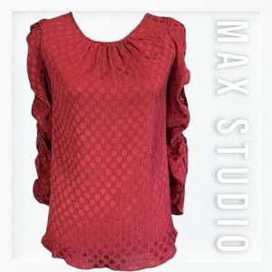Max Studio Polka Dot Shimmer Ruched Sleeve Blouse sz S